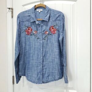 William Rast Womans Long Sleeve, Raw Edge Button-Up Embroidered Top Size Large